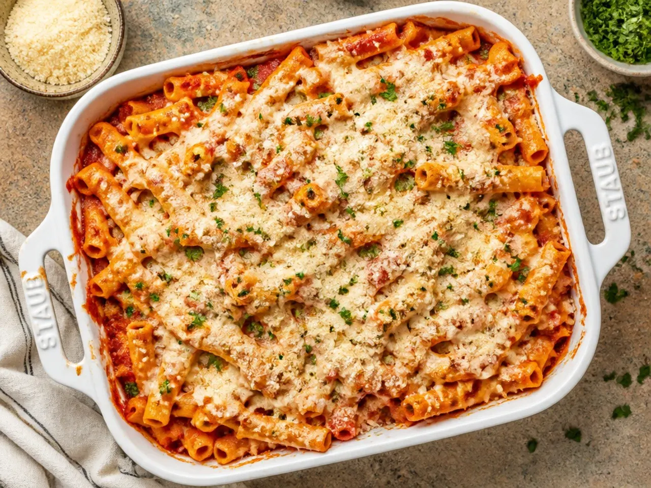 Vegan baked ziti with dairy-free mozzarella melted golden across the top