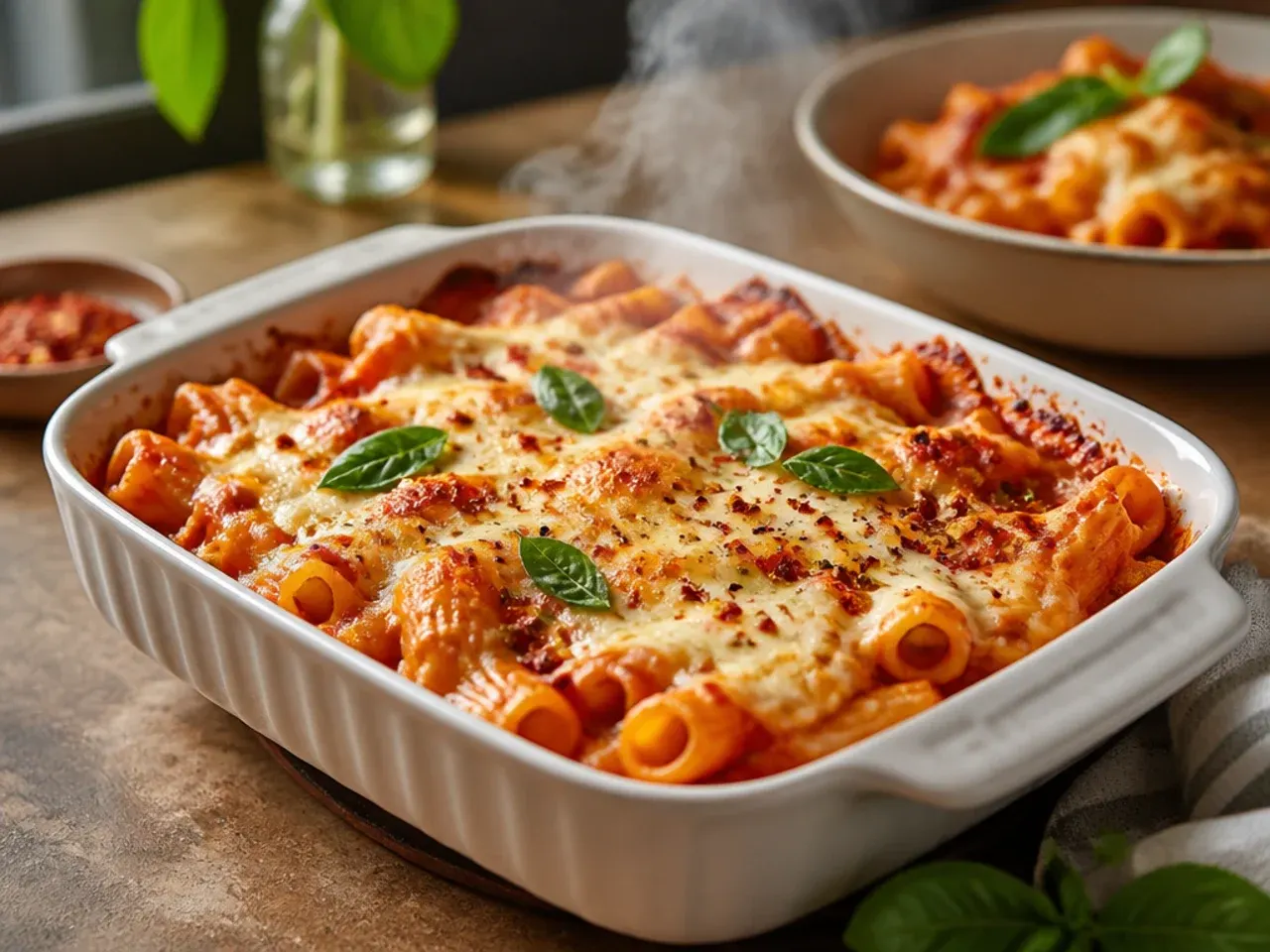 Spicy arrabbiata baked ziti with visible red chilli flakes across the top
