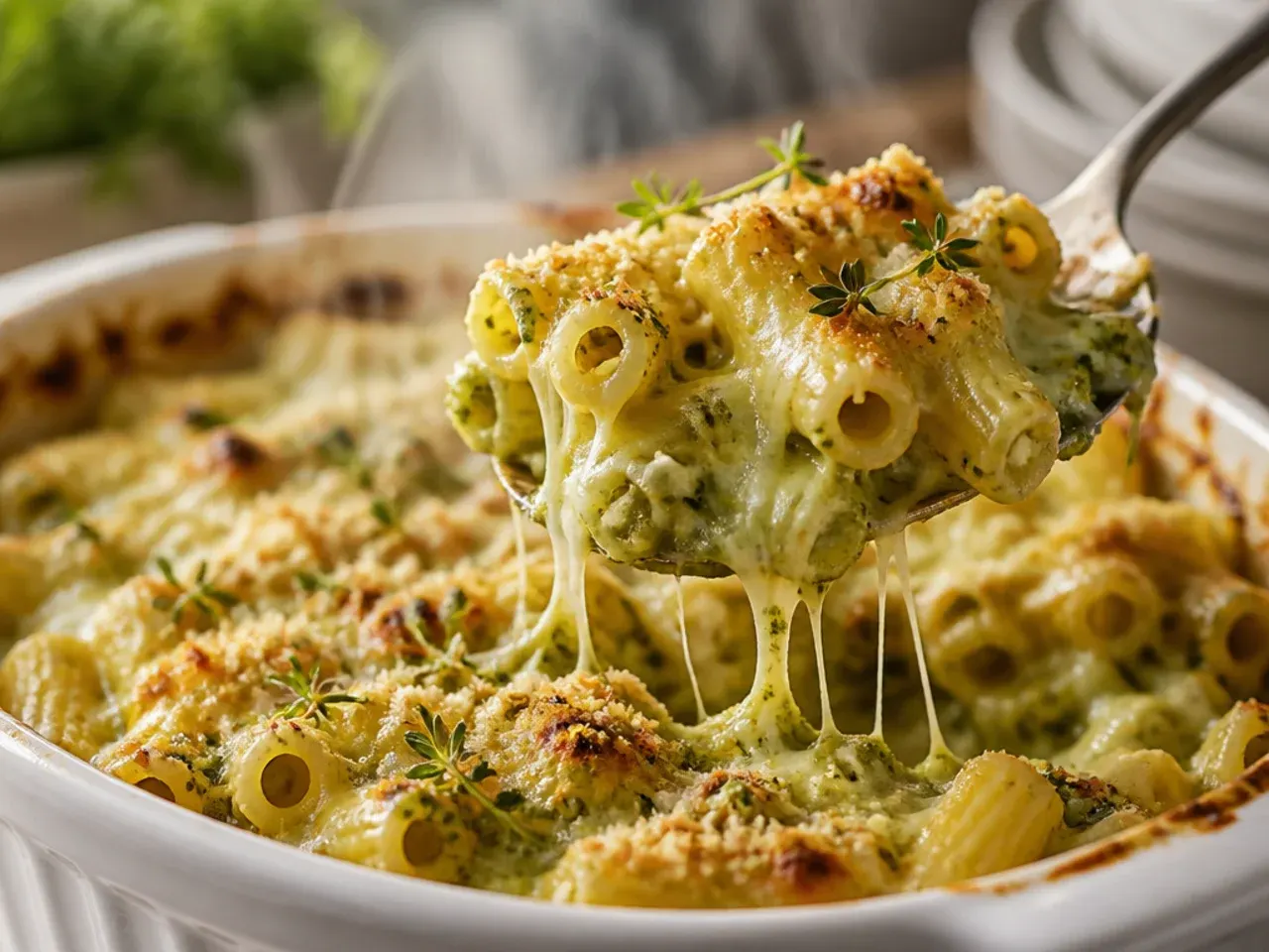 Pesto swirl baked ziti with visible green ribbons through the creamy filling