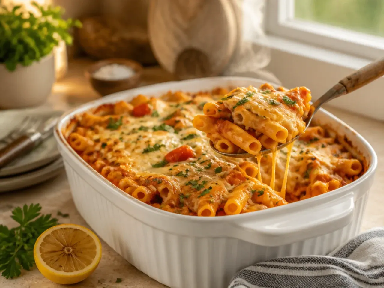 Mediterranean baked ziti topped with olives, feta and artichoke hearts