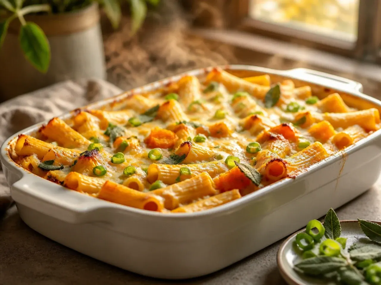 Butternut squash and sage baked ziti with roasted squash cubes and crispy sage leaves on top
