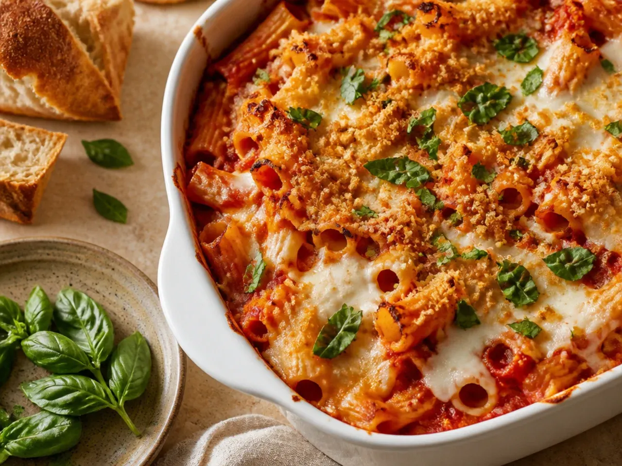 Caprese baked ziti with torn fresh mozzarella, cherry tomatoes and basil on top
