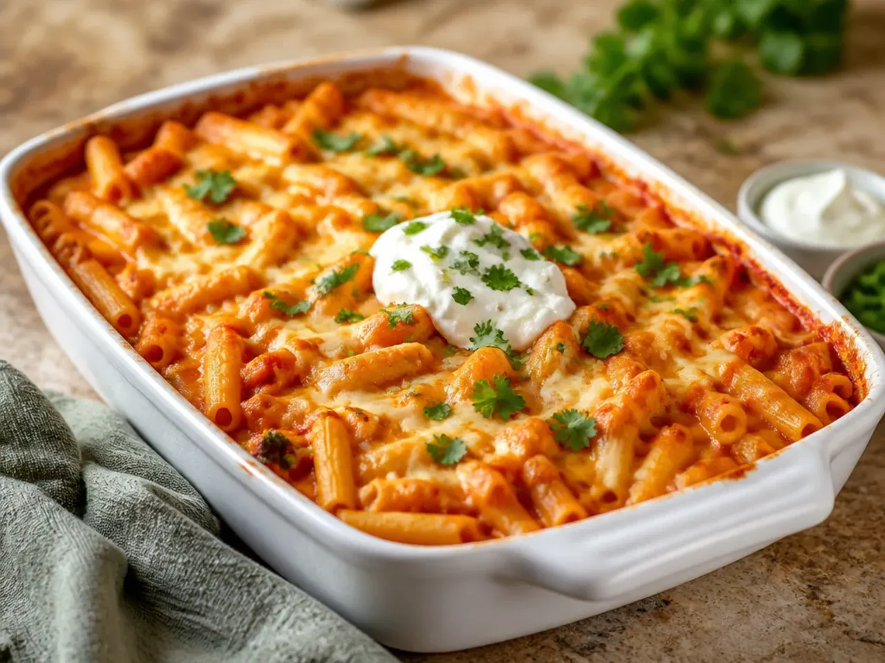 High-protein cottage cheese baked ziti sliced to show a smooth, creamy filling