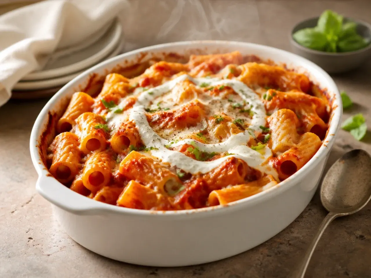 Gluten-free baked ziti made with rice pasta, golden and bubbling on top