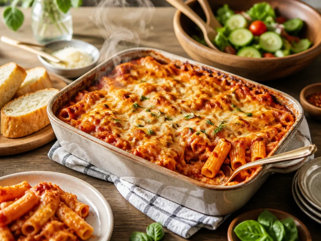 Baked ziti served on a table with a green salad, garlic bread and roasted broccoli