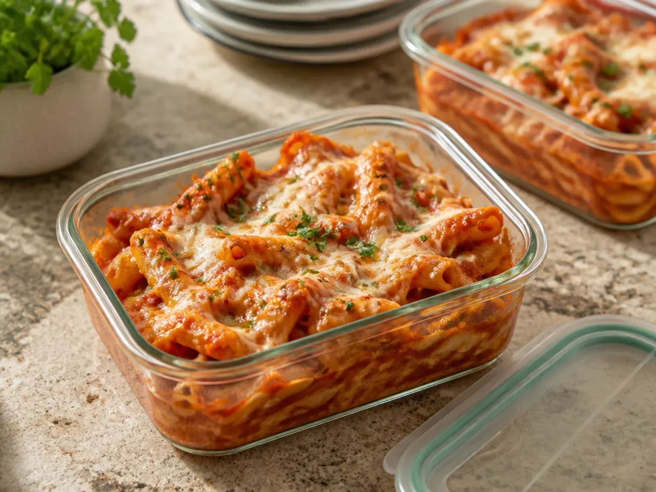 A portion of leftover baked ziti in a glass airtight storage container
