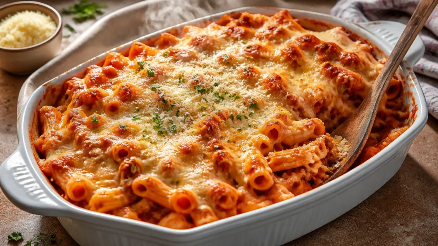 A golden, bubbling dish of baked ziti with melted mozzarella and a rich tomato-meat sauce, fresh out of the oven