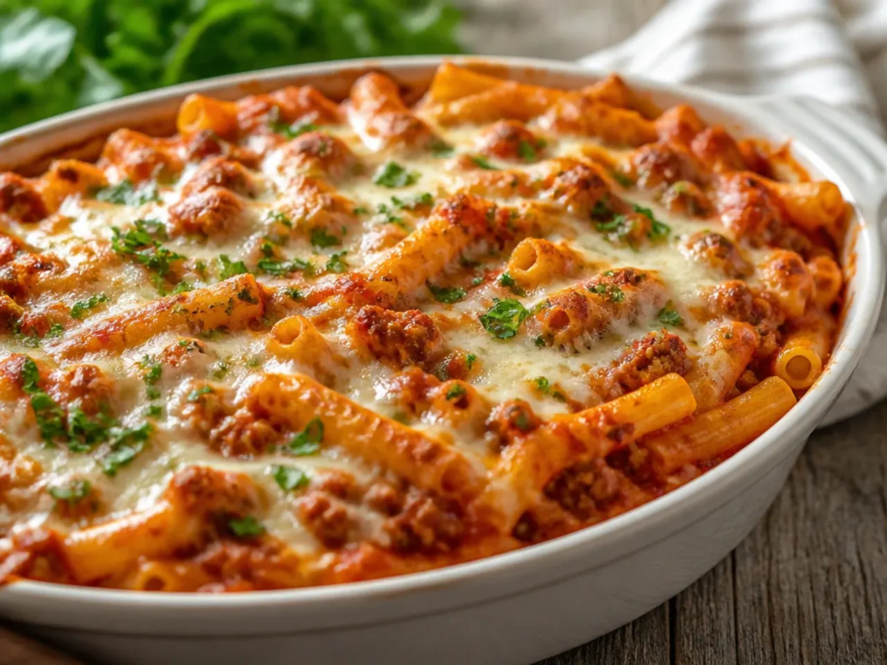 Golden, bubbling baked ziti in a white ceramic dish fresh from the oven