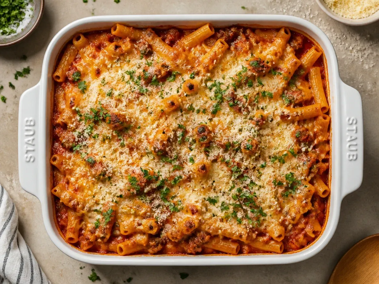 Close-up of classic baked ziti with sausage and melted three-cheese topping