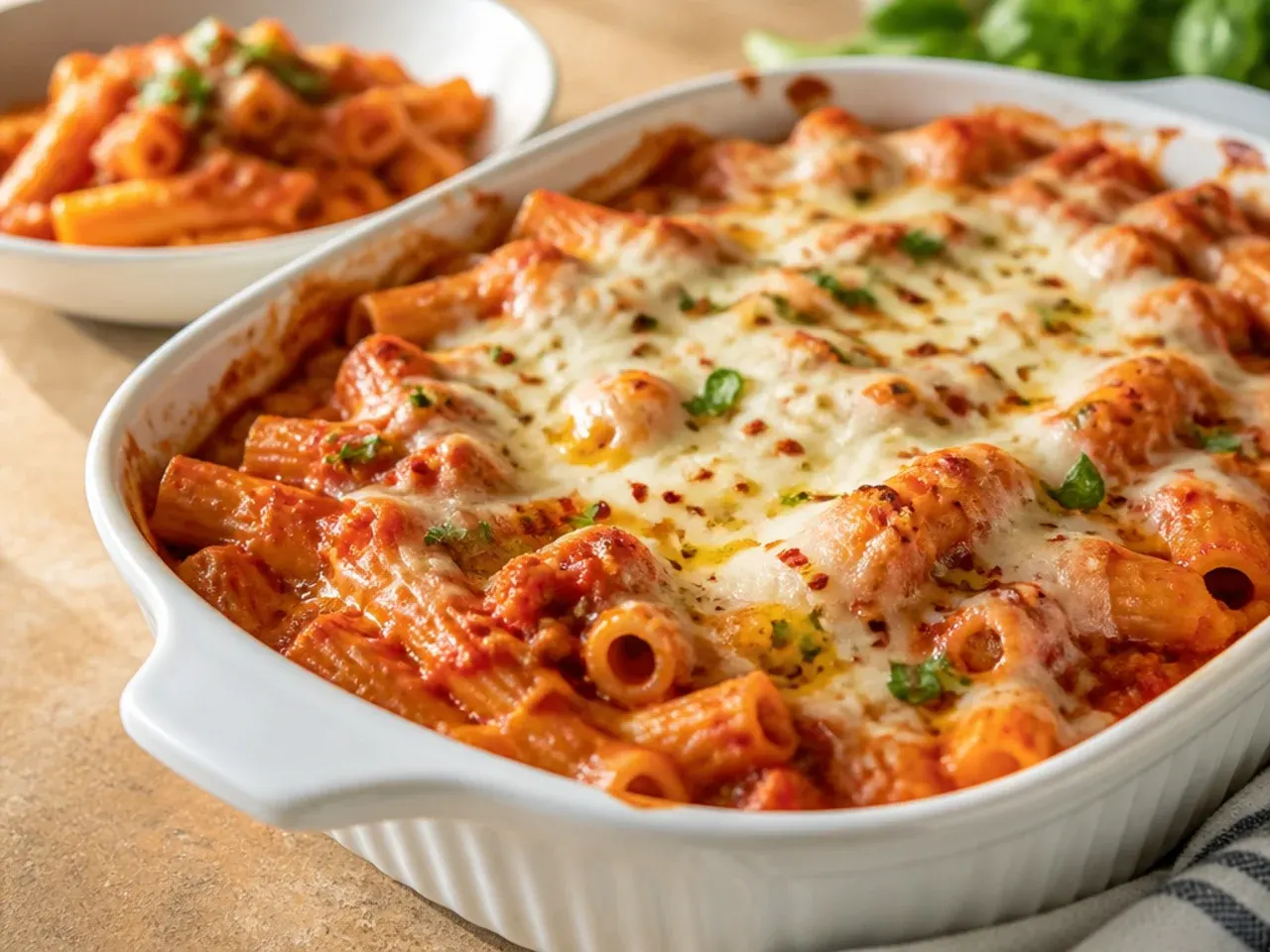 Skillet baked ziti bubbling under the grill with melted cheese