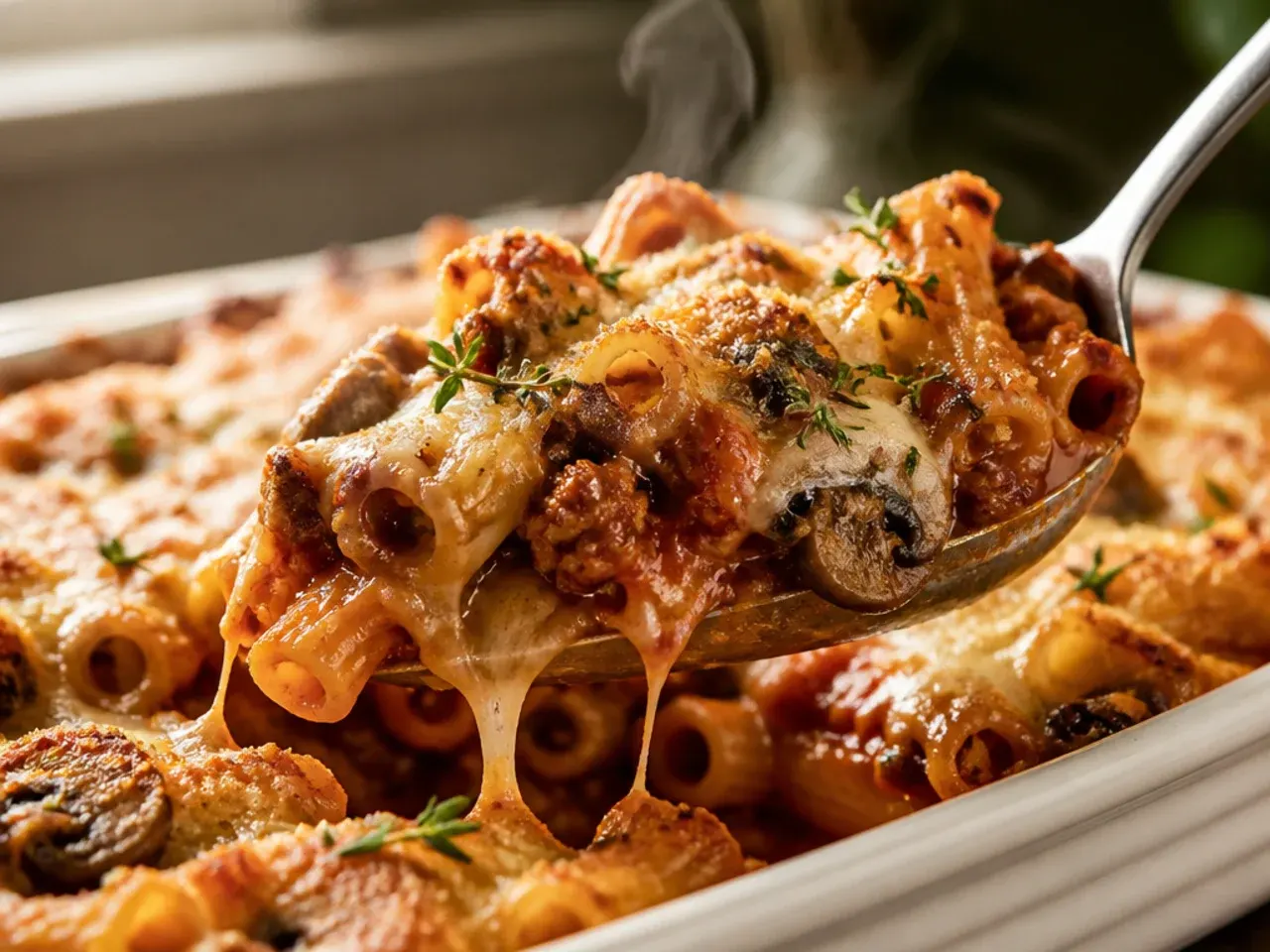 Hearty baked ziti with beef and mushrooms in tomato sauce
