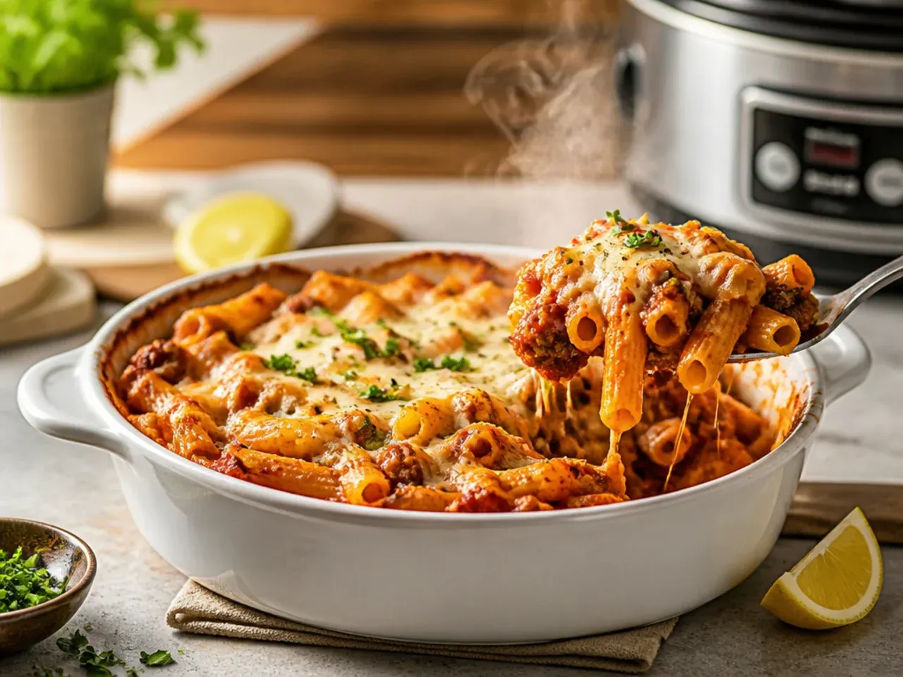 Slow-cooker baked ziti sauce being stirred with a wooden spoon