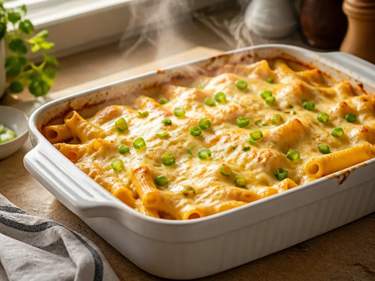 Creamy four-cheese baked ziti with melted cheese pockets throughout