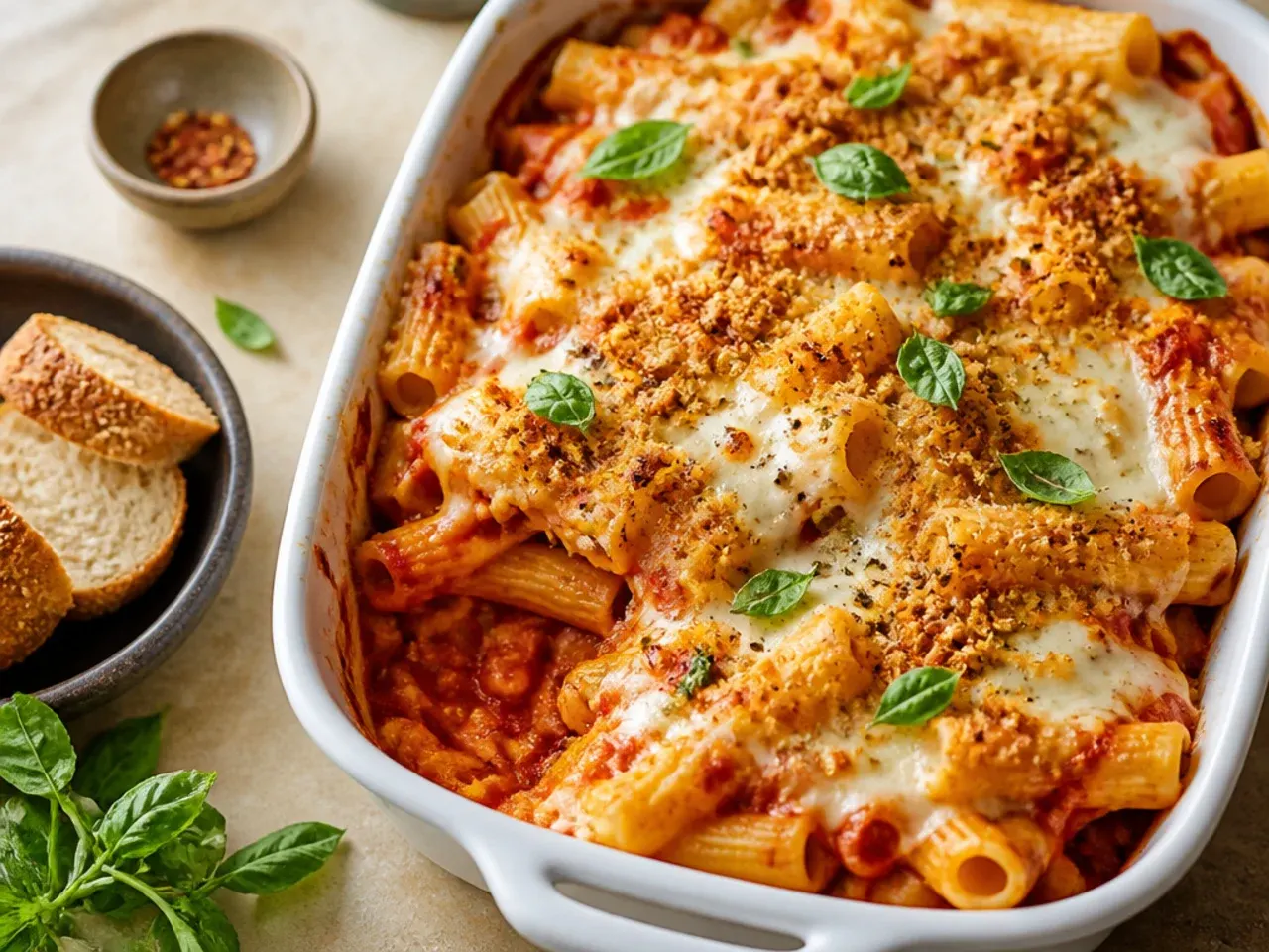 Simple five-ingredient baked ziti in a baking dish before going into the oven