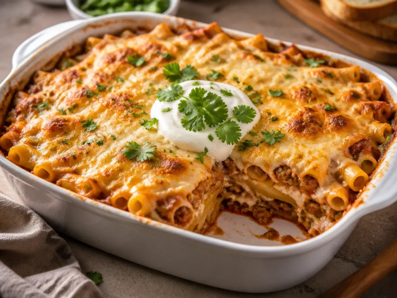 Sliced extra-cheesy baked ziti showing layers of melted cheese