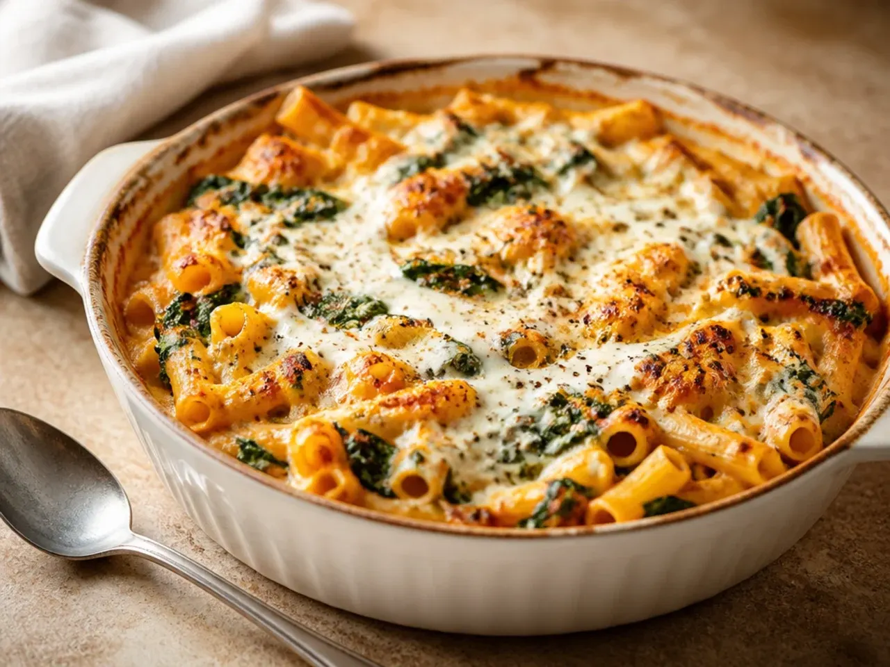 Comforting baked ziti with chicken and spinach in a creamy sauce