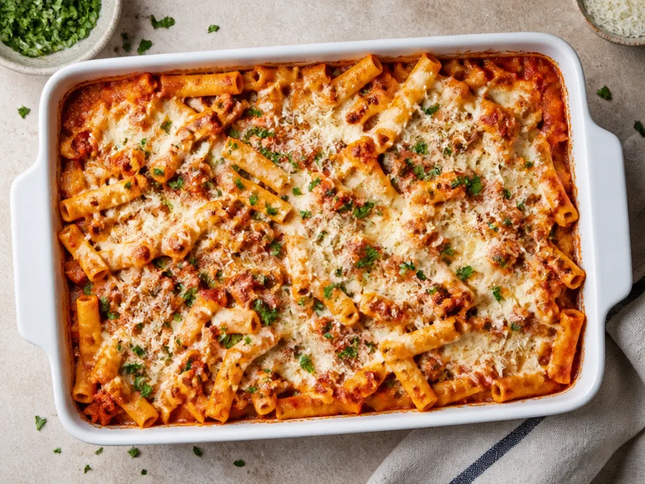 Budget-friendly baked ziti made with pantry staple ingredients