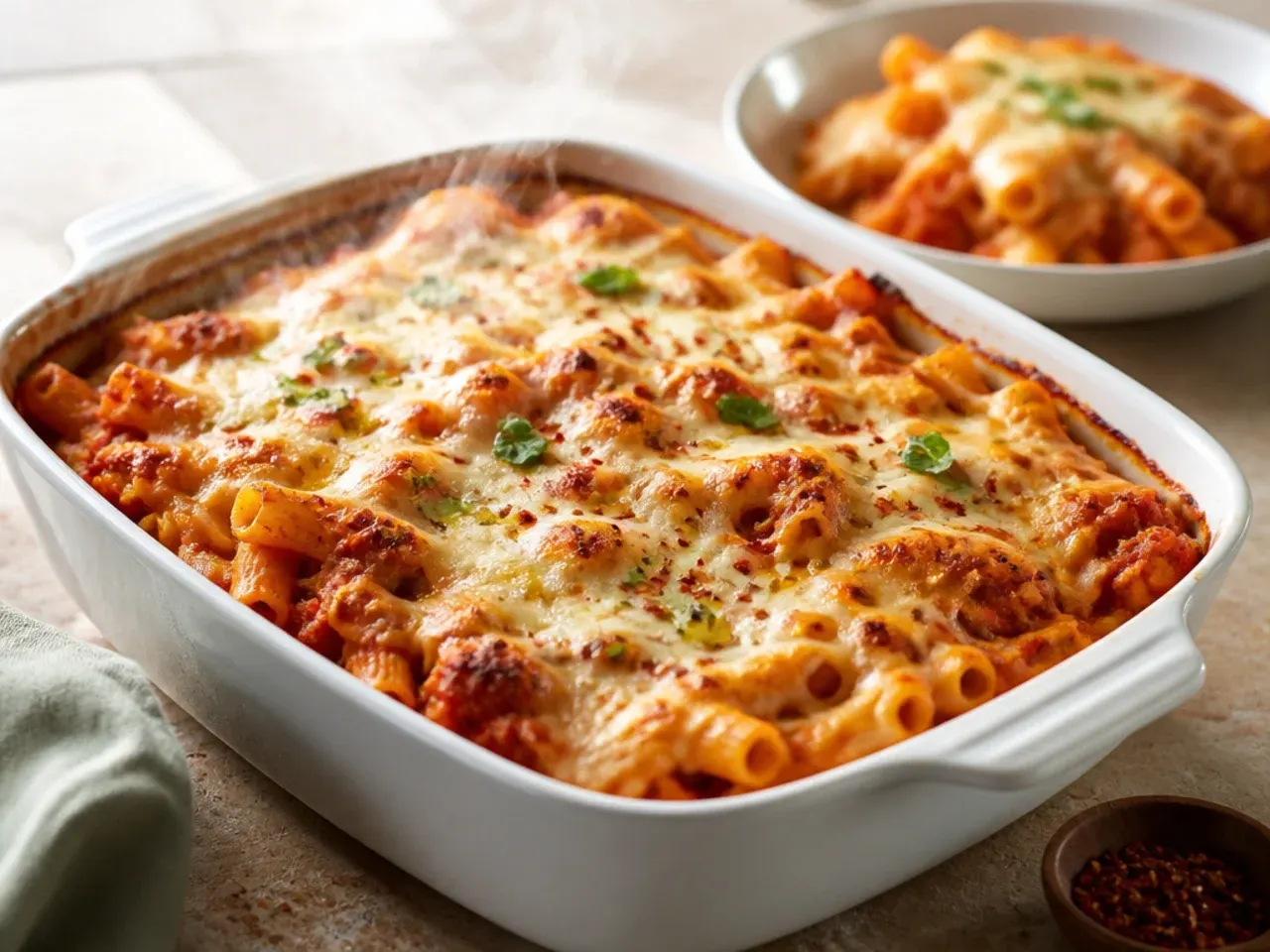 Uncooked ziti pasta layered into a dish for the no-boil method