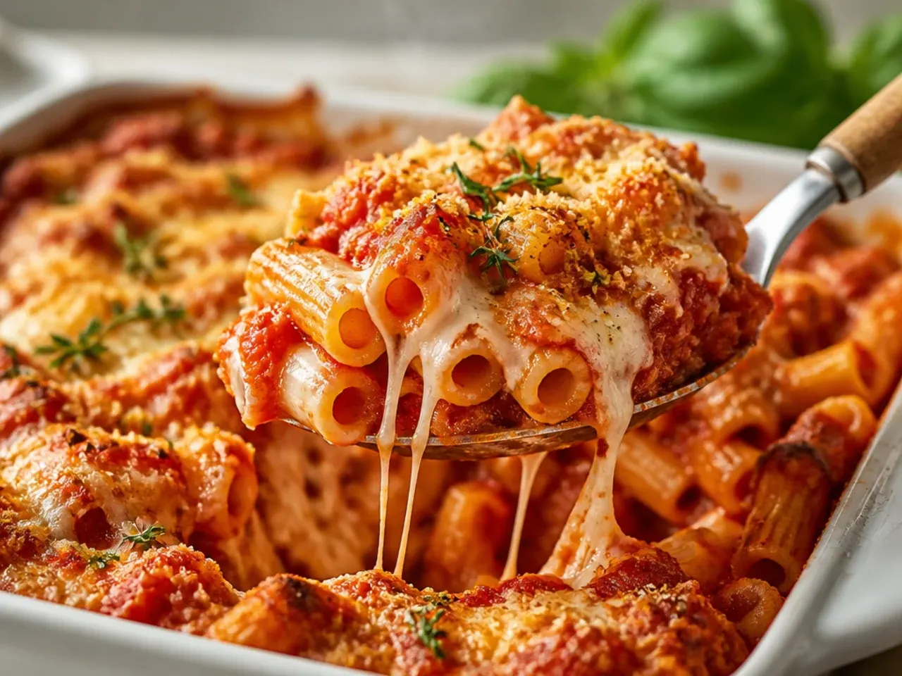 Rustic baked ziti with fresh tomato sauce and torn basil leaves