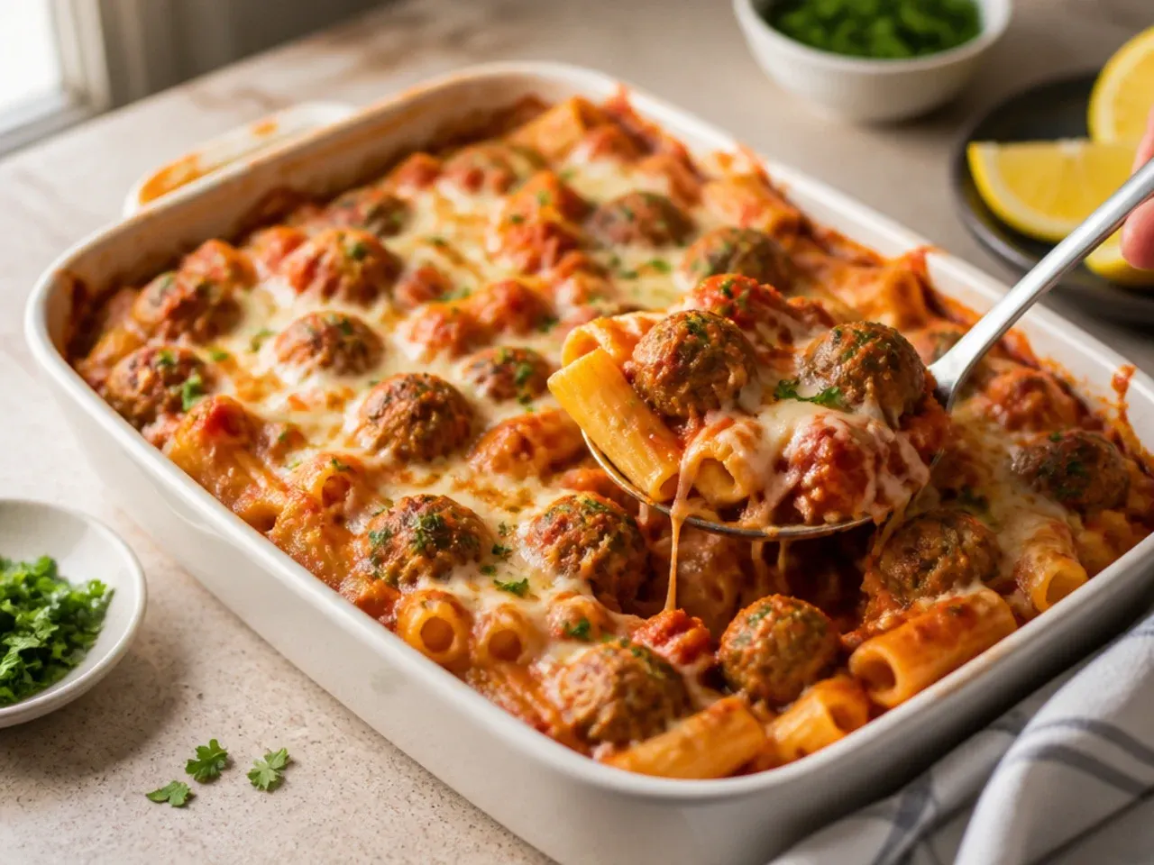 Loaded baked ziti studded with meatballs and melted cheese