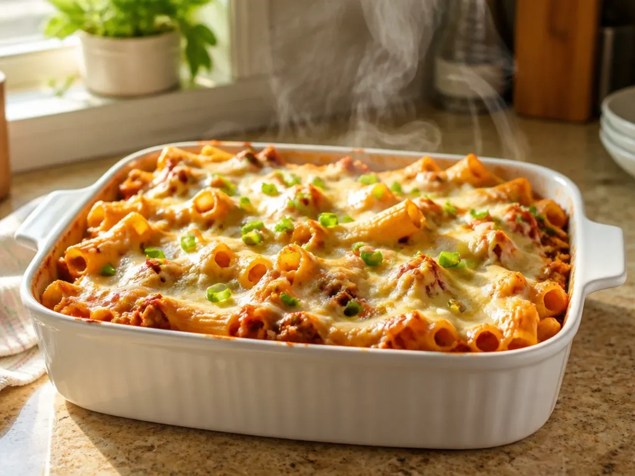 Large family-size batch of baked ziti in two baking dishes