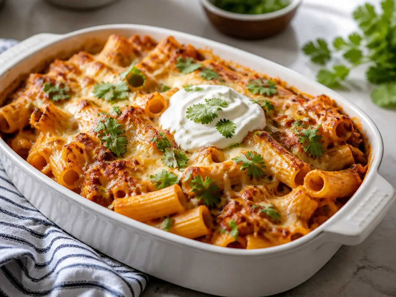 One-pot baked ziti finished under the grill in a cast iron pan