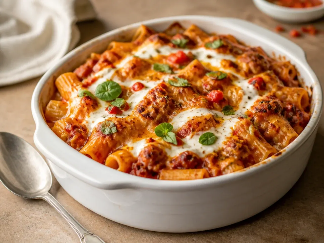 Spicy baked ziti with nduja sauce and a drizzle of chilli oil