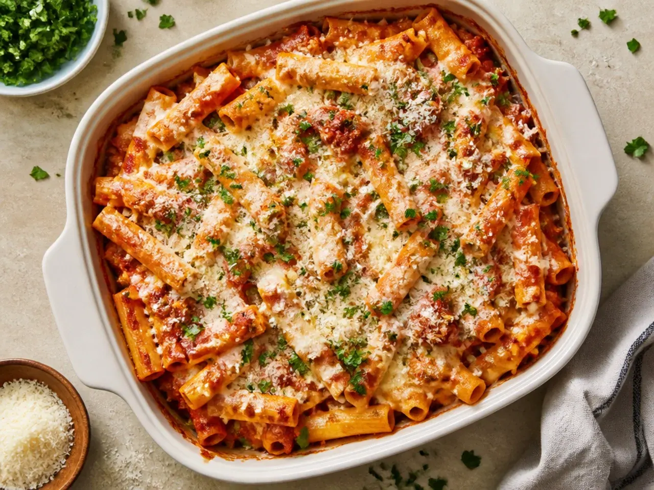 Easy baked ziti made with jarred marinara sauce