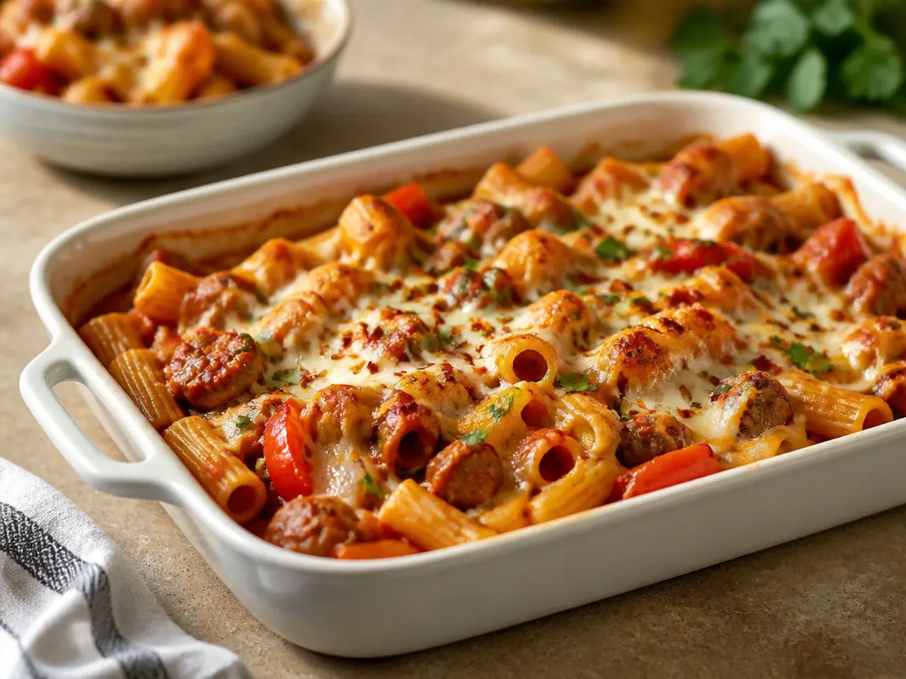 Hearty baked ziti with sausage, peppers and onions