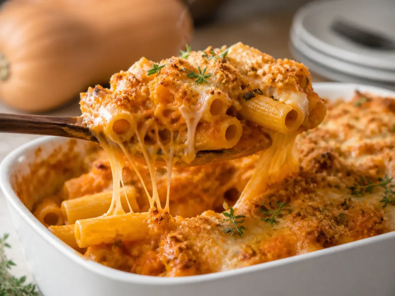 Cozy vegetarian baked ziti with roasted butternut squash and sage