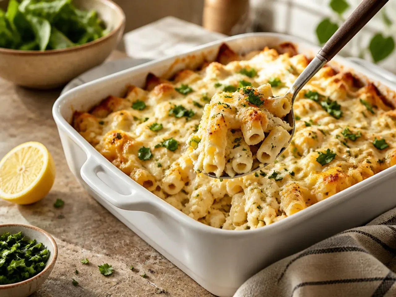 Creamy baked ziti with mascarpone and fresh herbs