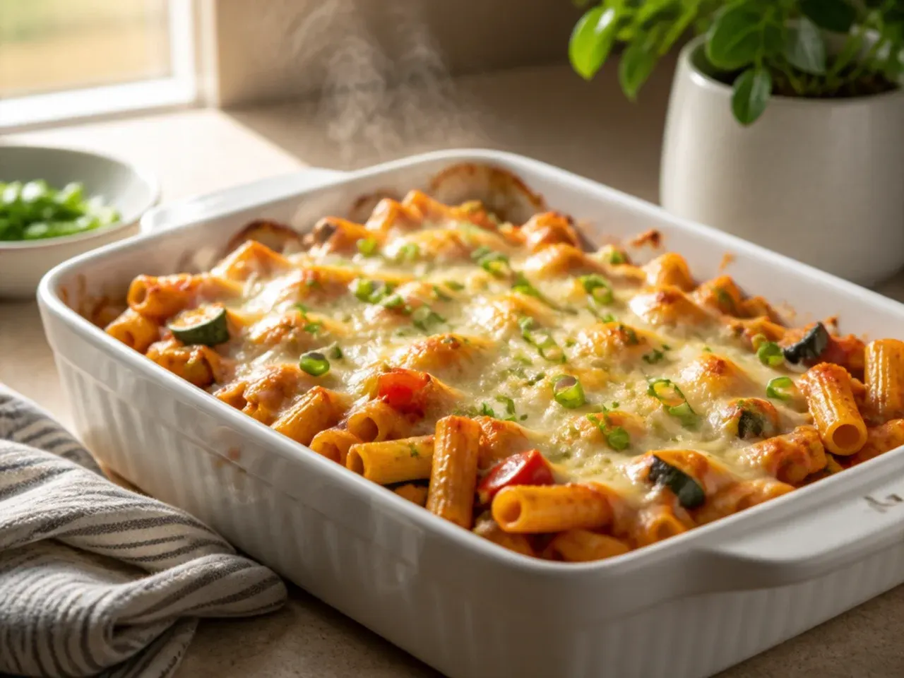 Simple vegetarian baked ziti loaded with garden vegetables