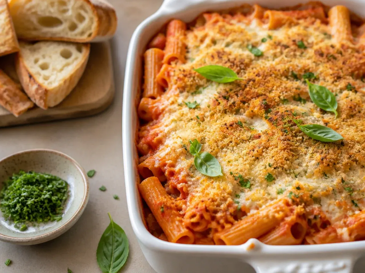 Cheesy baked ziti with a golden garlic breadcrumb topping