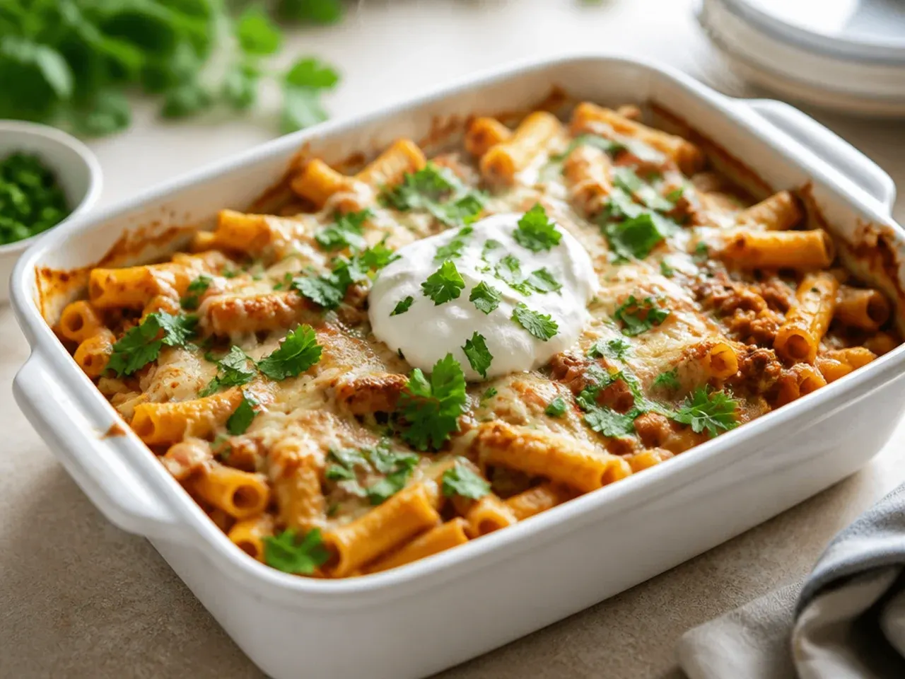 Lighter comforting baked ziti with turkey and white beans