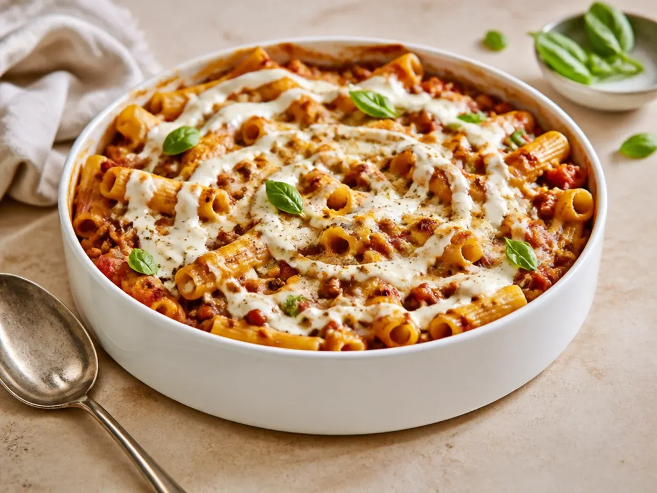 Budget-friendly meat-free baked ziti with lentils and tomato sauce
