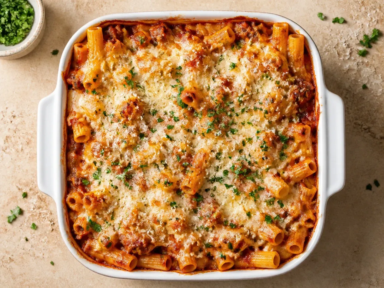 Individual freezer-ready portions of baked ziti in foil containers