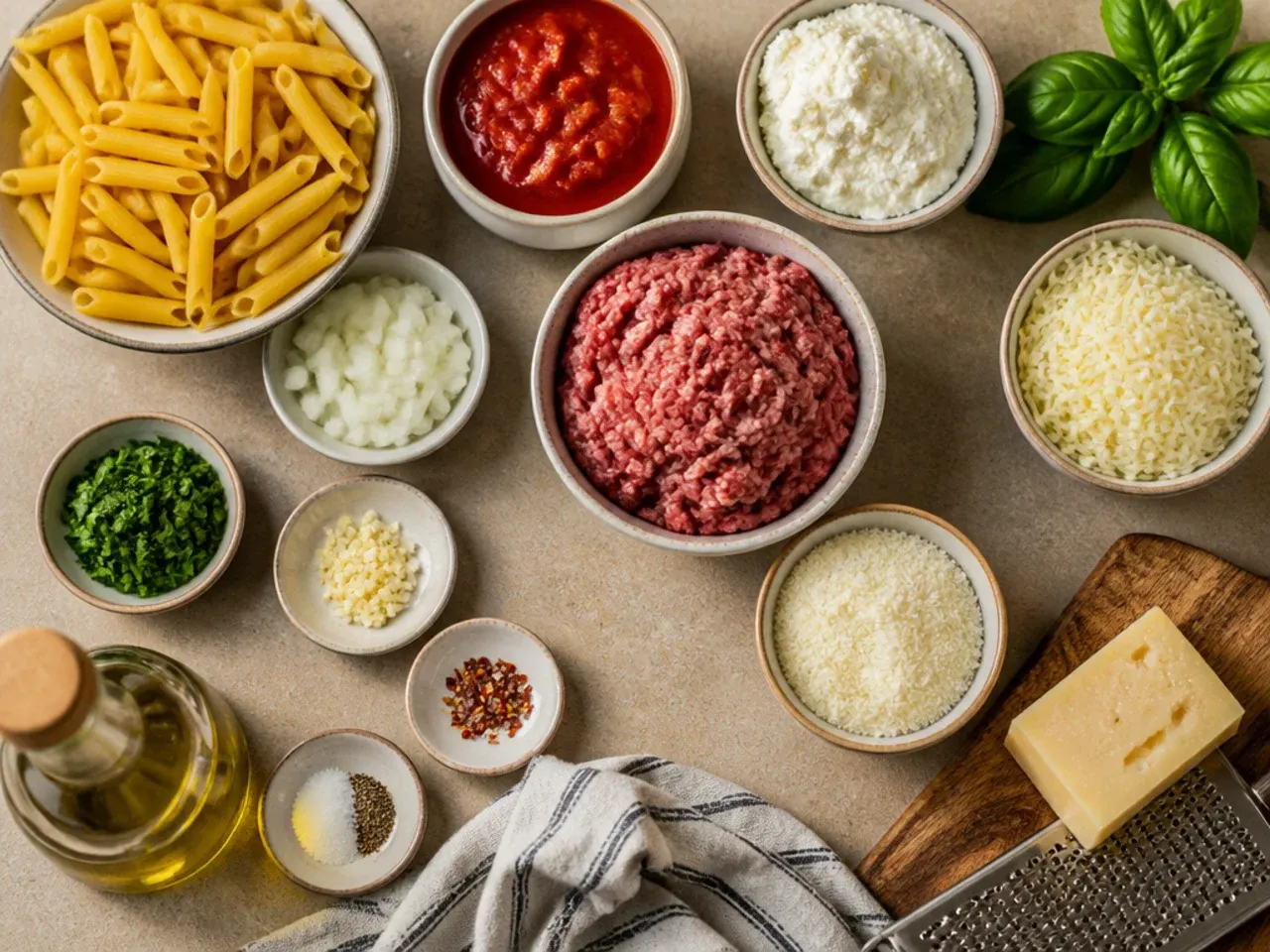 Hands stirring baked ziti ingredients together in a large bowl