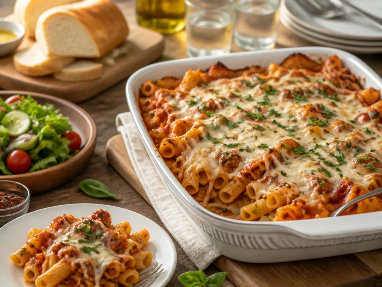 Baked ziti served with garlic bread and a side salad