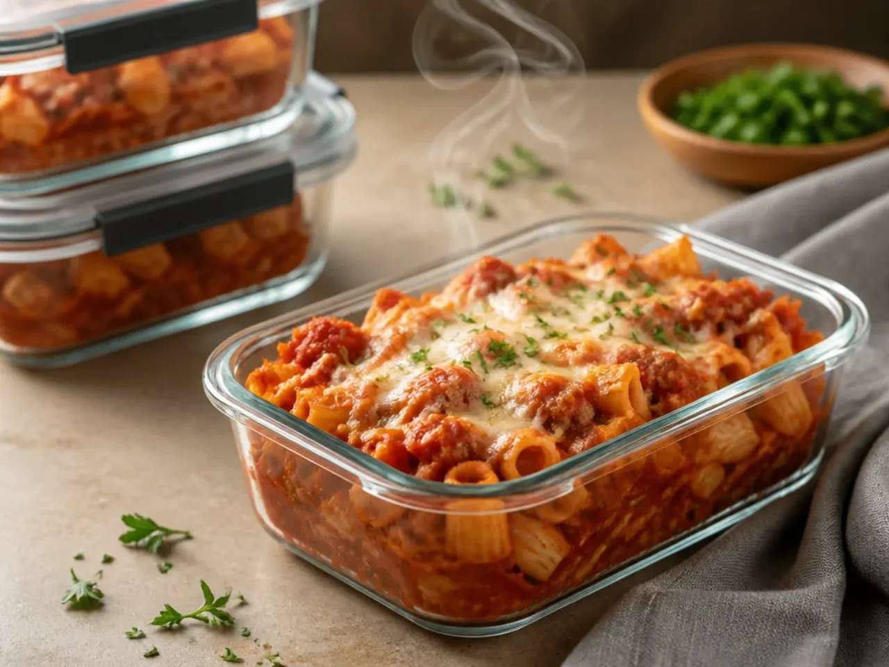 Baked ziti leftovers stored in a glass container ready for the fridge
