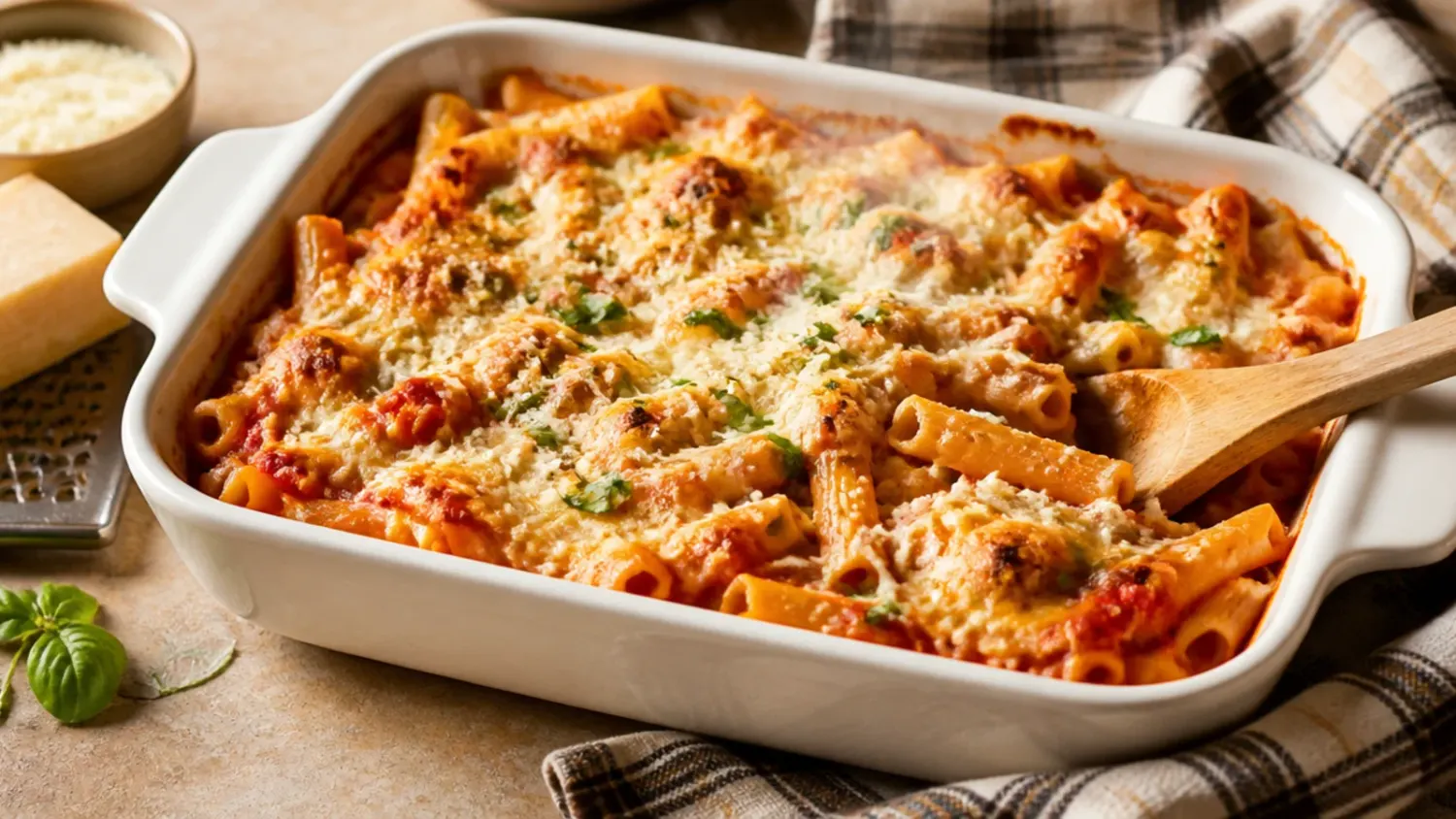Golden bubbling baked ziti with cottage cheese in a white ceramic dish, topped with melted mozzarella and fresh basil
