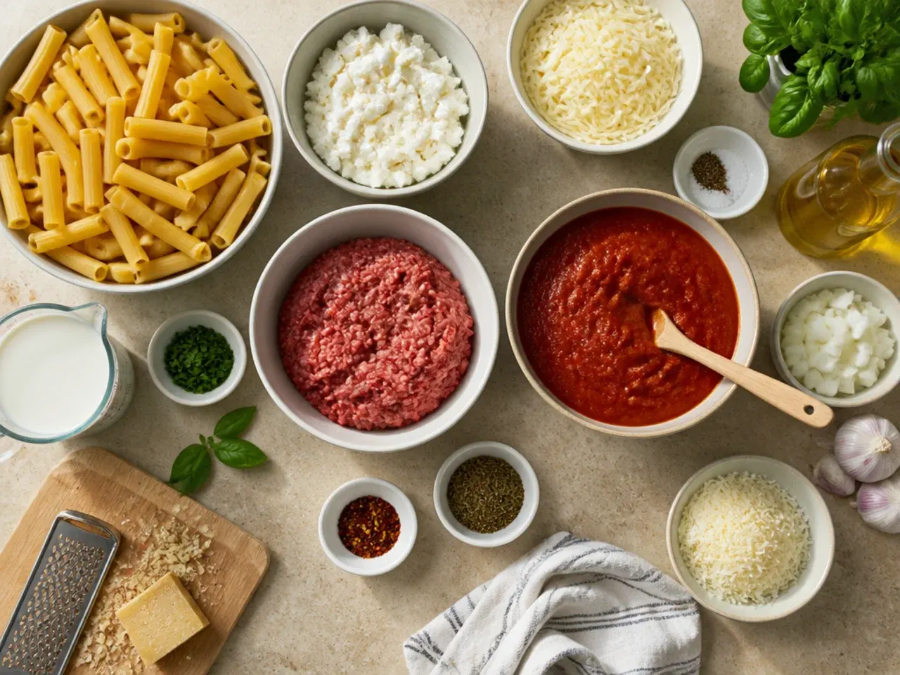 Close-up of blended smooth cottage cheese being folded into saucy ziti pasta in a mixing bowl