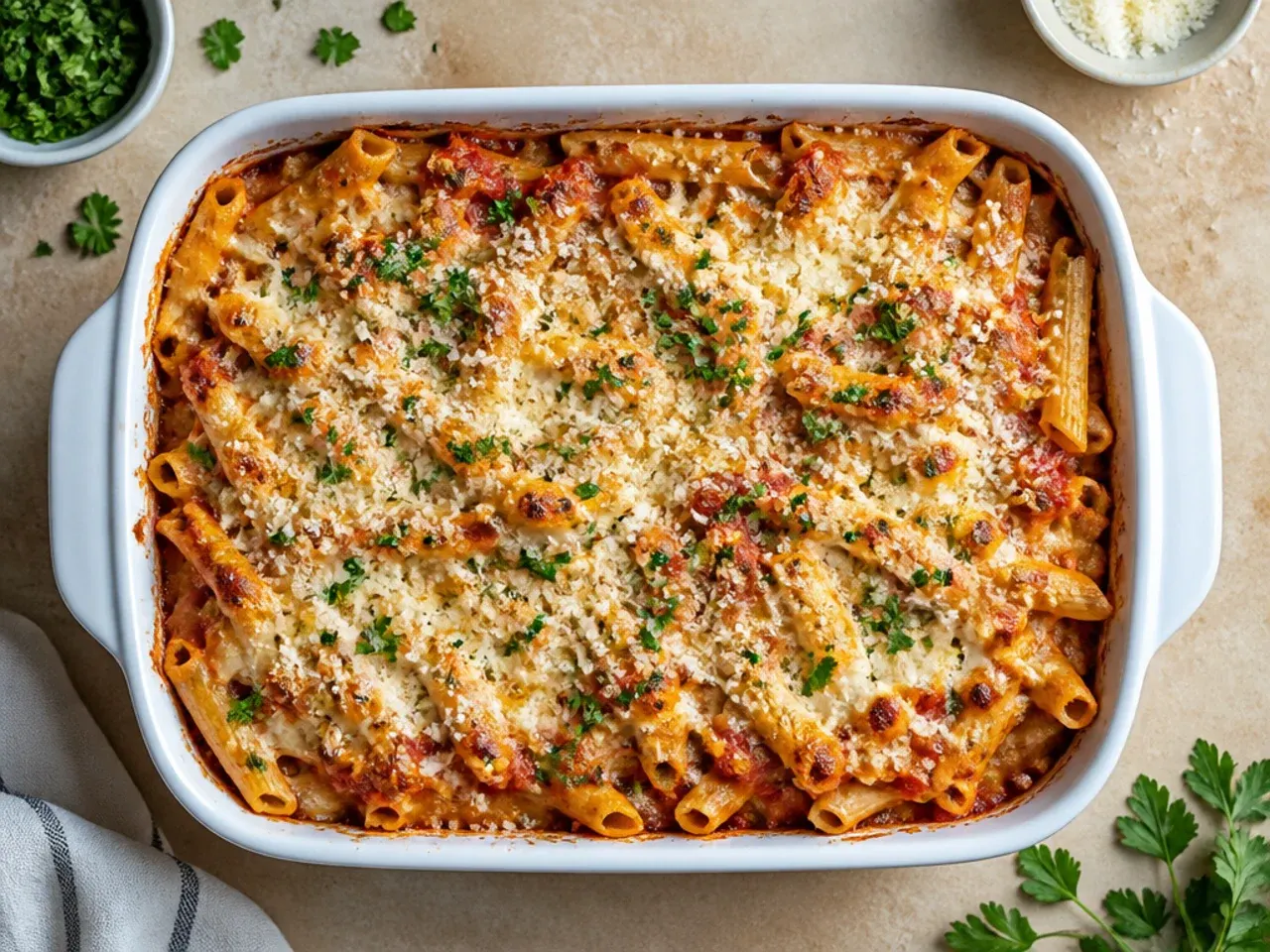 Foil-covered baking dish of baked ziti with cottage cheese being labeled before going into the freezer