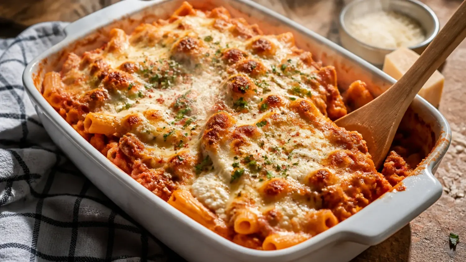 Overhead view of golden baked ziti with ground beef and ricotta in a white casserole dish with a cheesy pull