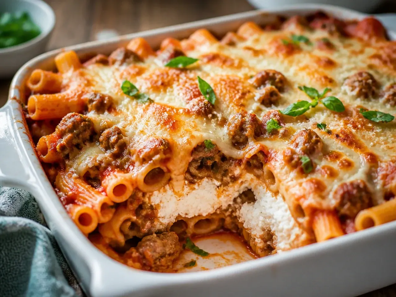 Golden baked ziti with ground beef and ricotta in a white casserole dish, cheese pull from a serving spoon