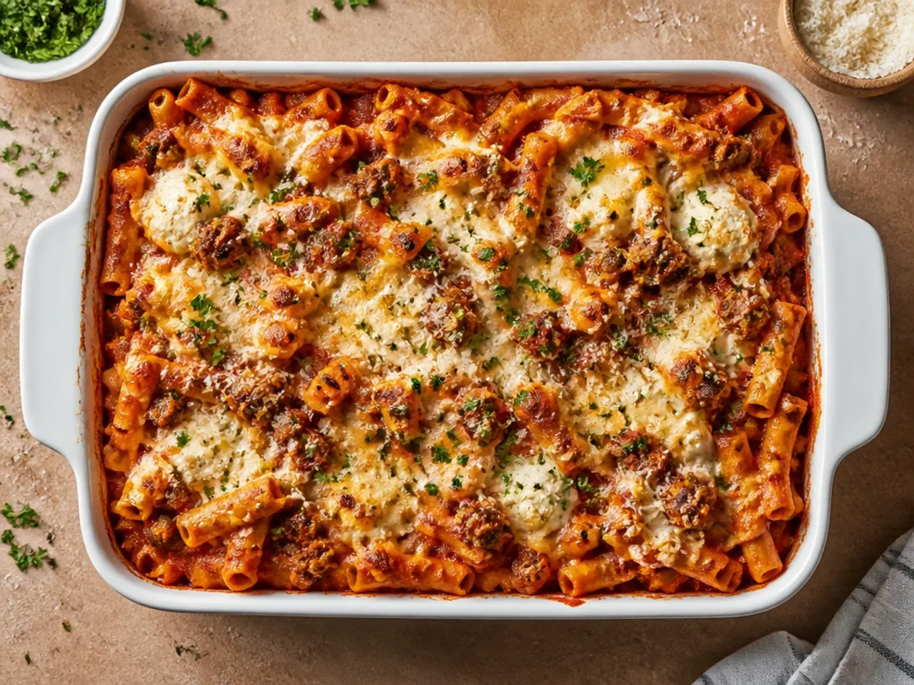 Overhead shot of classic baked ziti with ground beef and ricotta fresh out of the oven