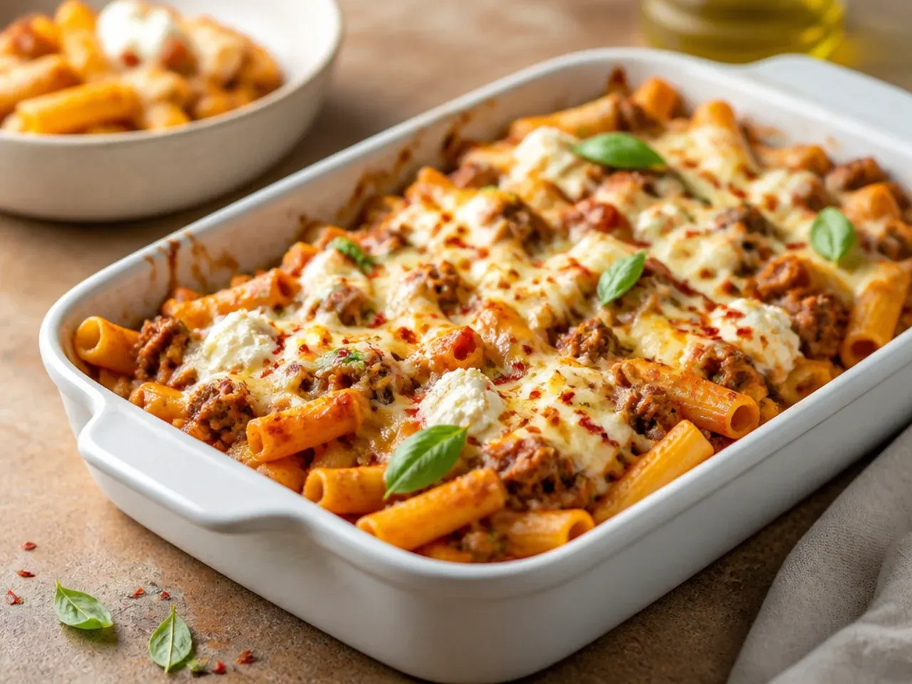 Quick weeknight baked ziti with ground beef and ricotta served straight from the baking dish