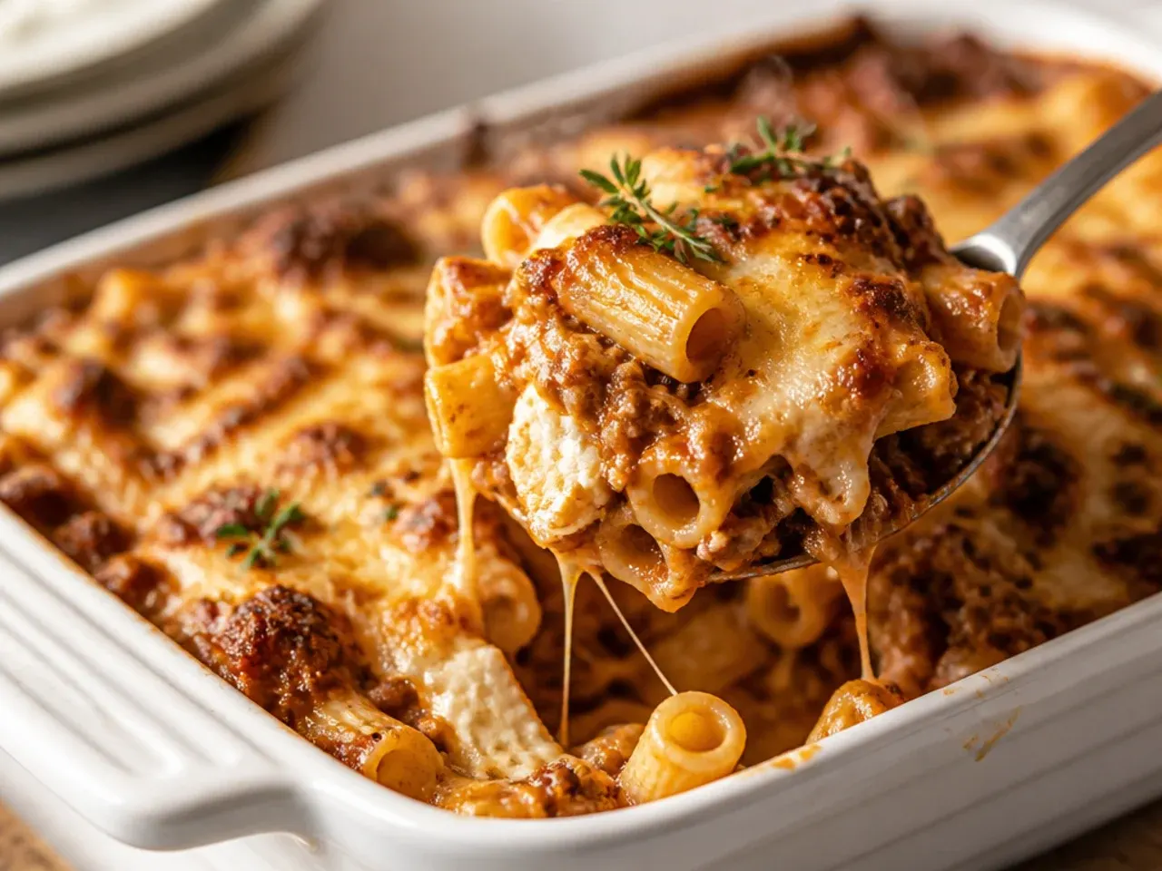 Slice of hearty three-cheese baked ziti with ground beef and ricotta showing melted cheese layers