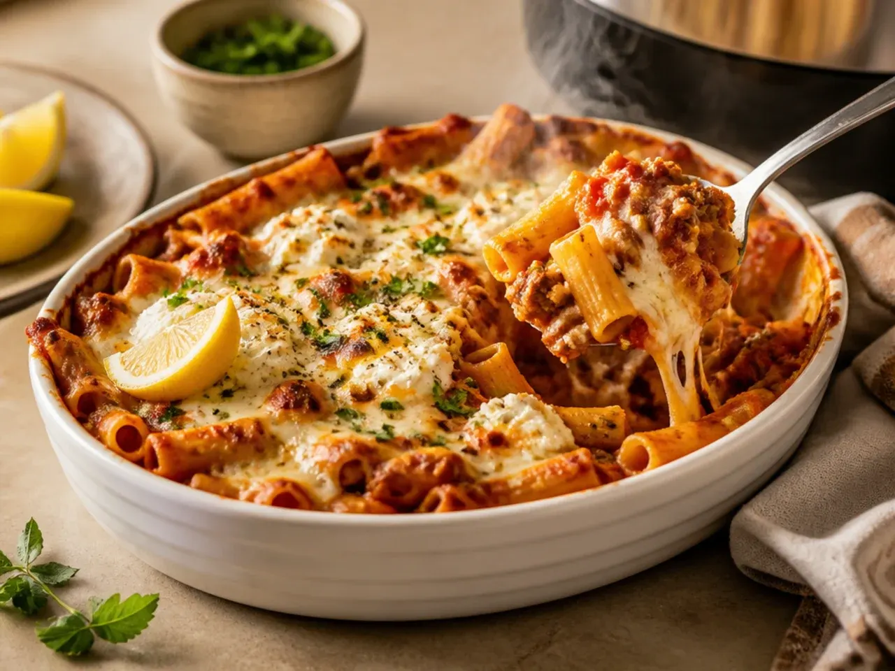 Slow cooker filled with cozy baked ziti with ground beef and ricotta, lid resting alongside