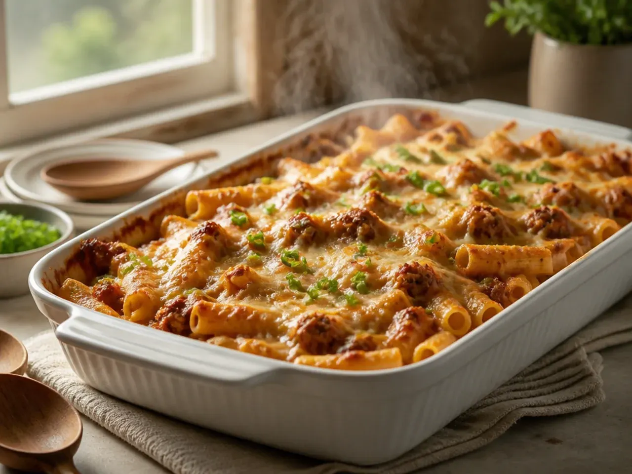 Creamy baked ziti with ground beef, ricotta and béchamel sauce being spooned from the dish