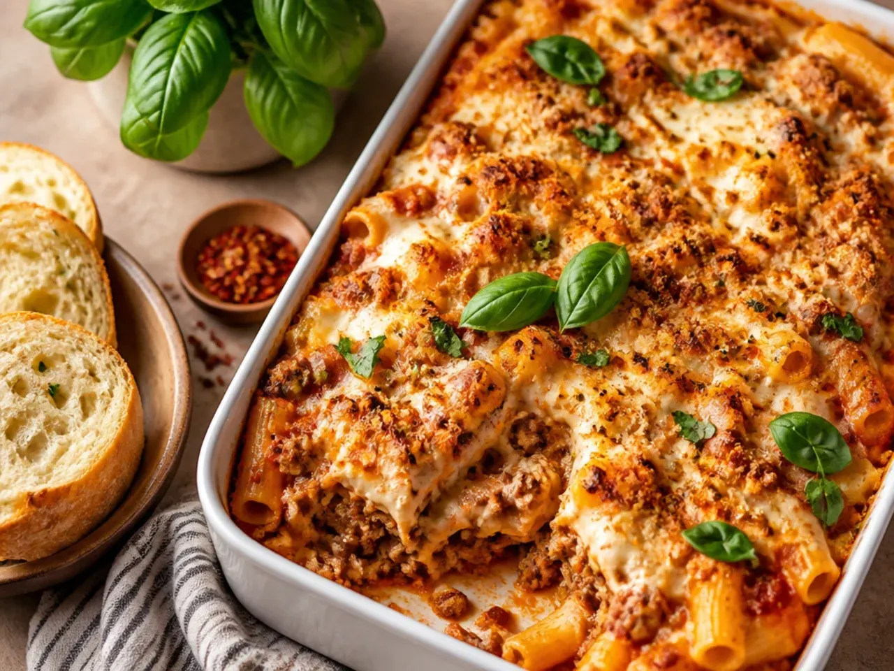 Simple five-ingredient baked ziti with ground beef and ricotta in a rustic baking dish